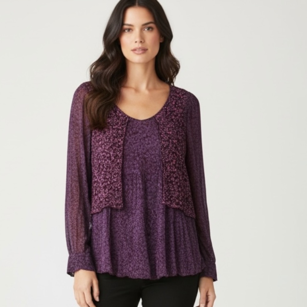 CAbi Sonnet Blouse Style 823 100% Silk Floral Sheer Babydoll Top Size Small
